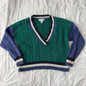 Vintage Varsity Cable Knit Sweater Women’s S Green Blue Tennis Cricket V Neck